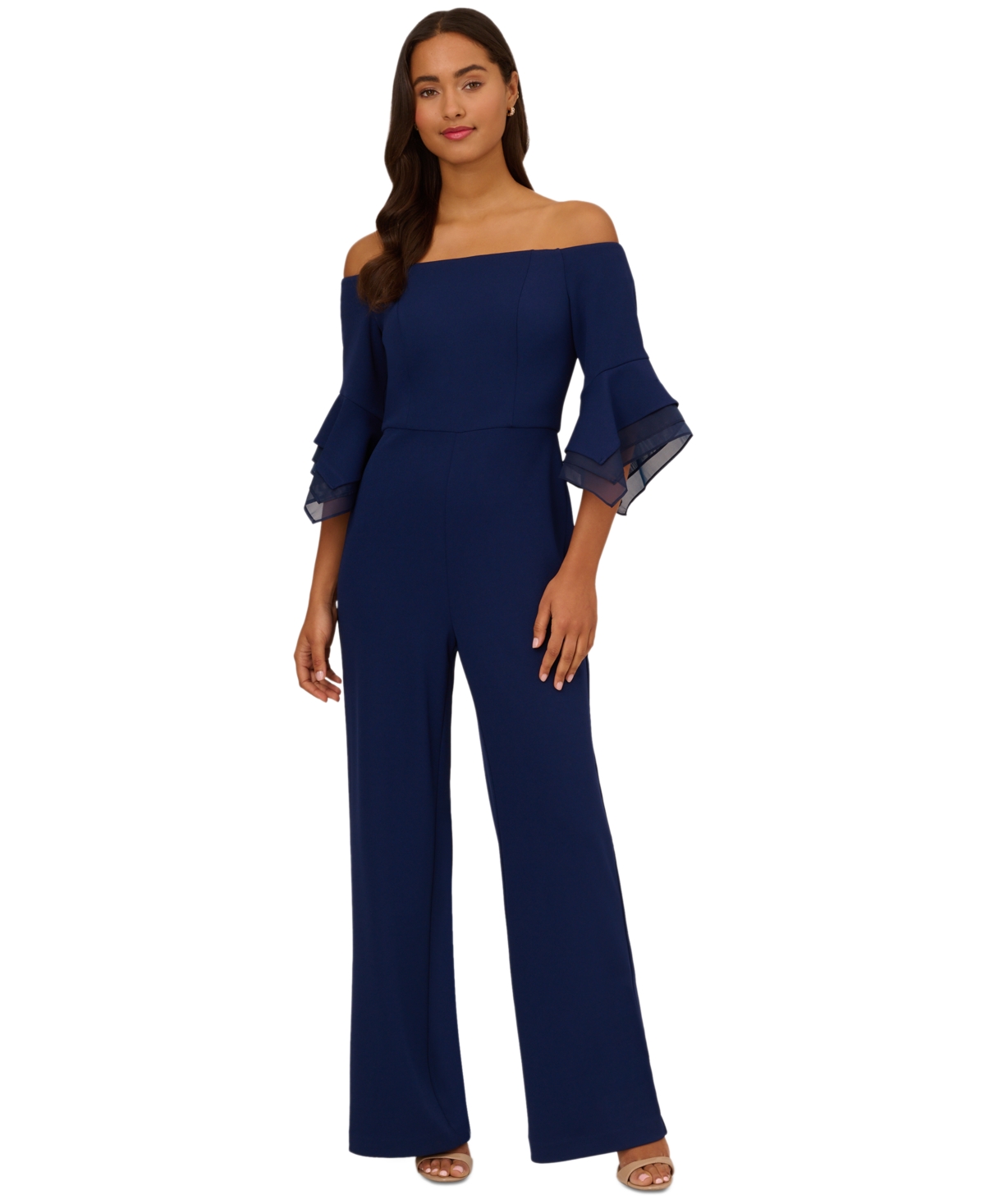Shop Adrianna Papell Petite Off-the-shoulder Organza-sleeve Jumpsuit In Navy Sateen