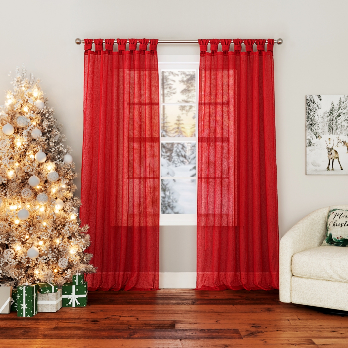 Krista Holiday Twist Tab Sheer Tab Top Curtain Panel - Holiday red