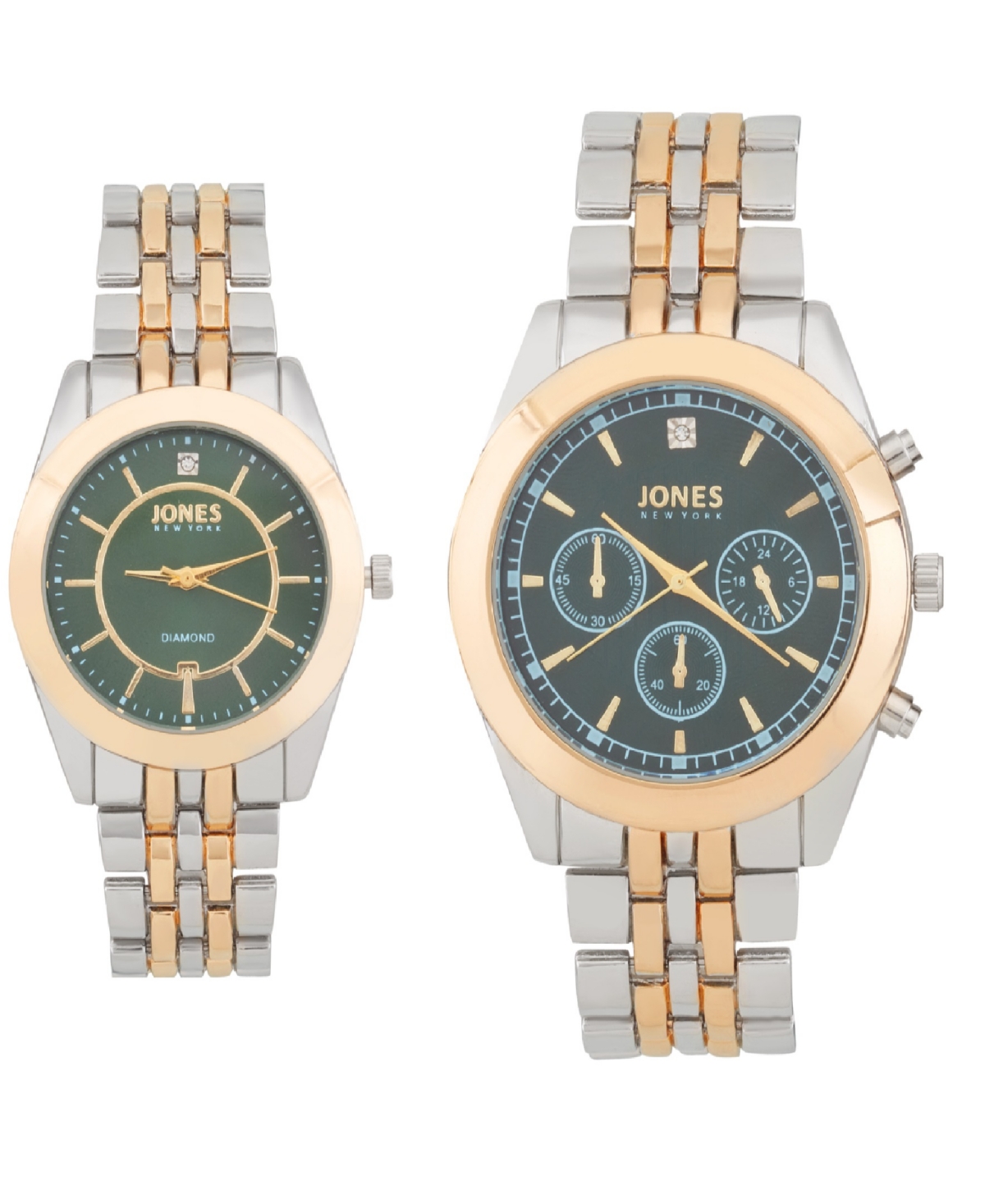 Men and Women's Analog Shiny Two-Tone Metal Bracelet His Hers Watch 42mm, 34mm Gift Set - Green, Gold, Silver