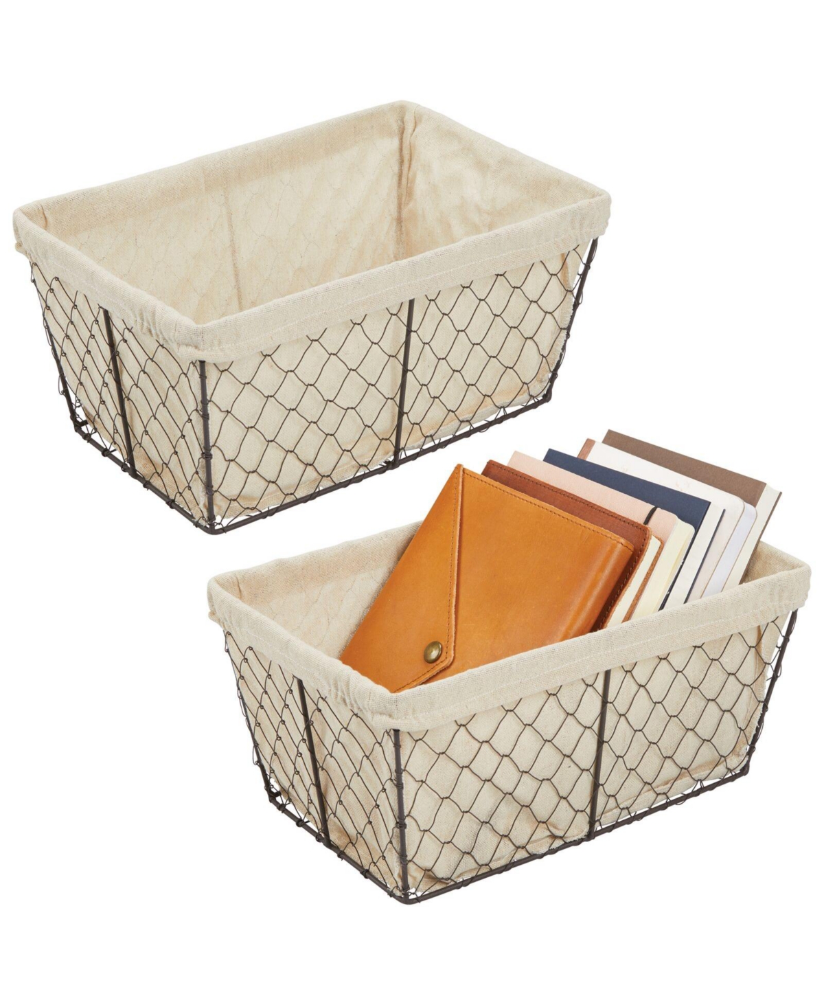 Chicken Wire Storage Basket, Fabric Liner, 2 Pack - Bronze/natural