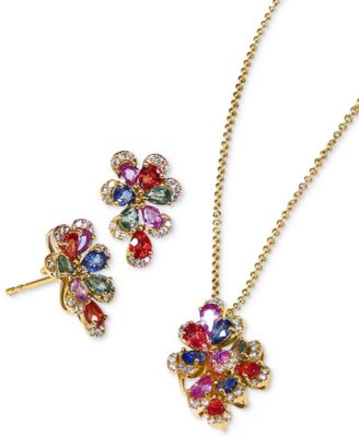 Effy Collection Effy Multi Sapphire Diamond Flower Pendant Necklace Stud Earrings Collection In 14k Gold