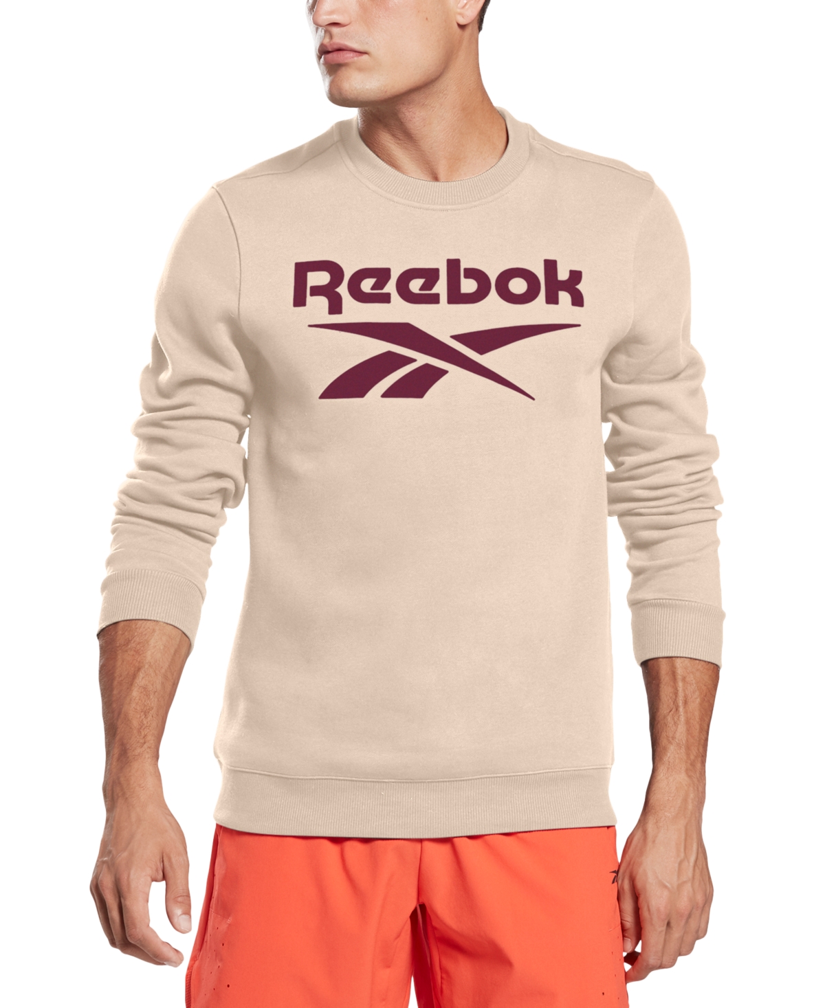 Reebok Men's Identity Fleece Stacked Logo Crew Sweatshirt In Stucco,burgandy