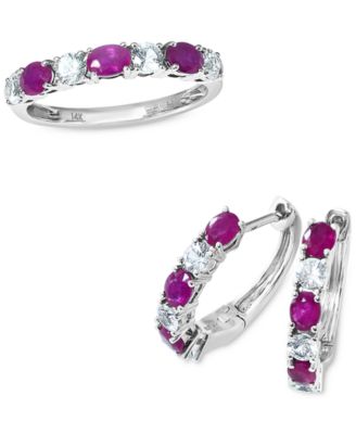 EFFY&reg; Ruby (1-1/8 ct. t.w.) & White Sapphire (3/4 ct. t.w.) Small Hoop Earrings in 14k White Gold, 0.75"