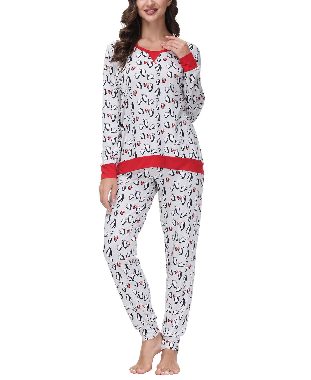 Ink+ivy Women's Printed Crew Neck Long Sleeve Top With Jogger 2 Pc Pajama Set In Cold Penguins