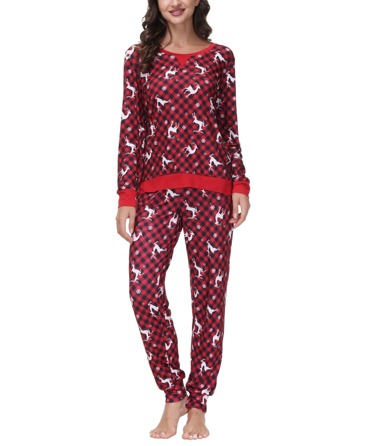 Ink+ivy Women's Printed Crew Neck Long Sleeve Top With Jogger 2 Pc Pajama Set In Reindeers In The Snow
