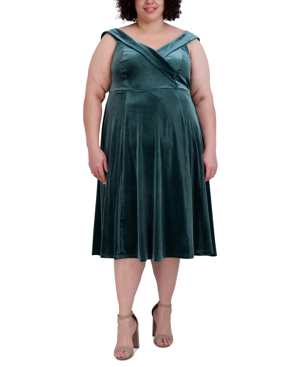 Plus Size Sleeveless Velvet Midi Dress - Teal