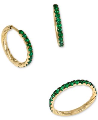 Effy Collection Effy Emerald Small Hoop Earrings Stack Band Ring In Gold Plated Sterling Silver In Gold Over Silver