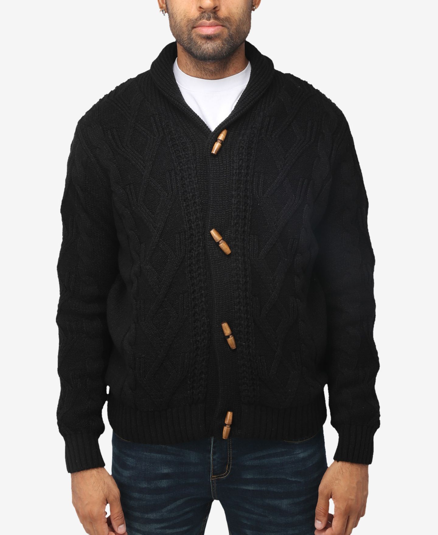 Мужской кардиган XRAY Big & Tall Faux Shearling Lined Shawl Collar Cable Knit Cardigan, цвет: Чёрный — фото 1