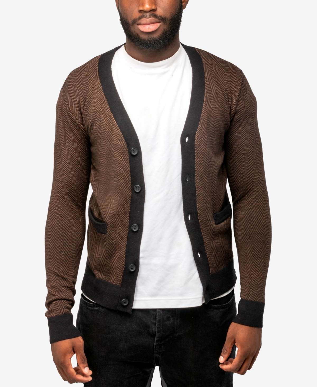 X-Ray Men's Herringbone Cardigan Sweater - Sienna-Black