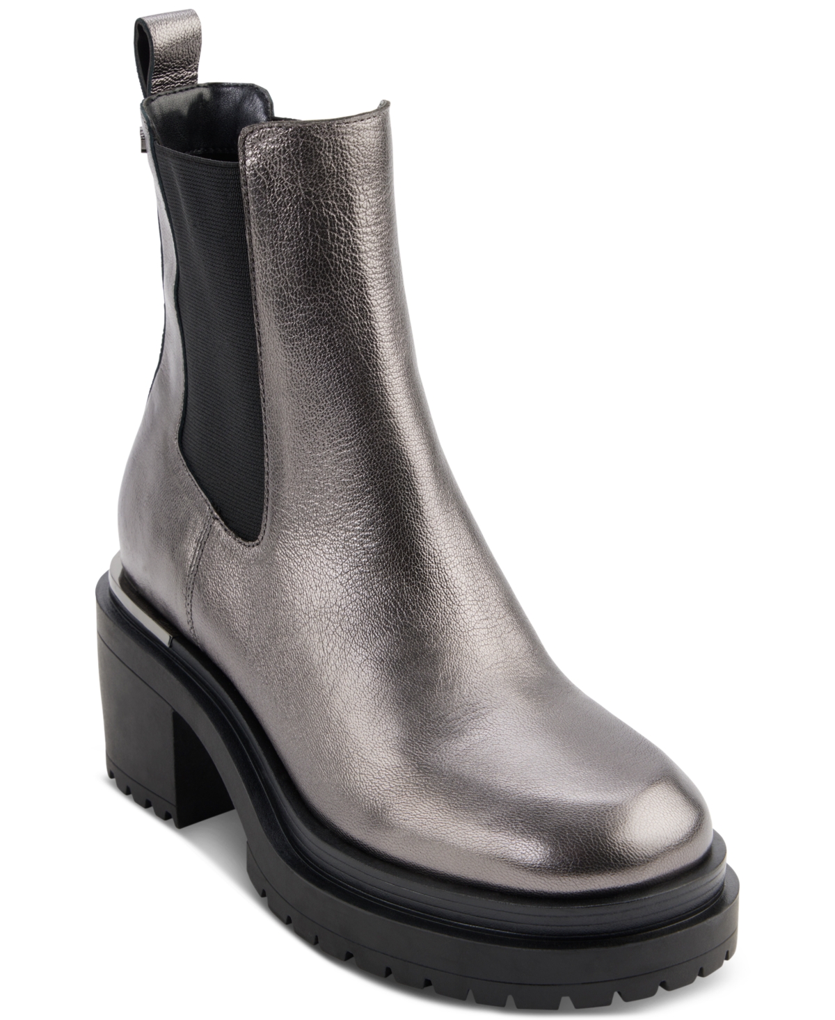 Dkny Sasha Slip On Boot Womens Leather Block Heel Chelsea Boots In Dark Gunmetal