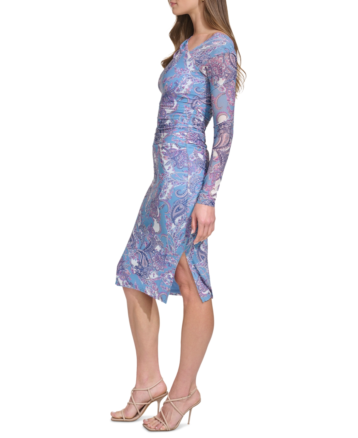 Shop Vince Camuto Women's Mesh Asymmetrical-neck Shirred-waist Midi Bodycon Dress In Ptd Mesh Asymmetrical Neckline Shirring