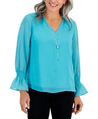 JM Collection - Petite Smocked-Sleeve Necklace Top