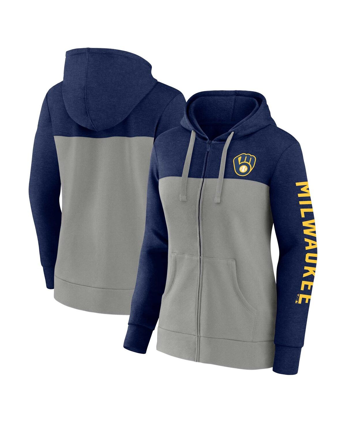 Shop Fanatics Women's  Navy, Gray Milwaukee Brewers City Ties Hoodie Full-zip Sweatshirt In Navy,gray
