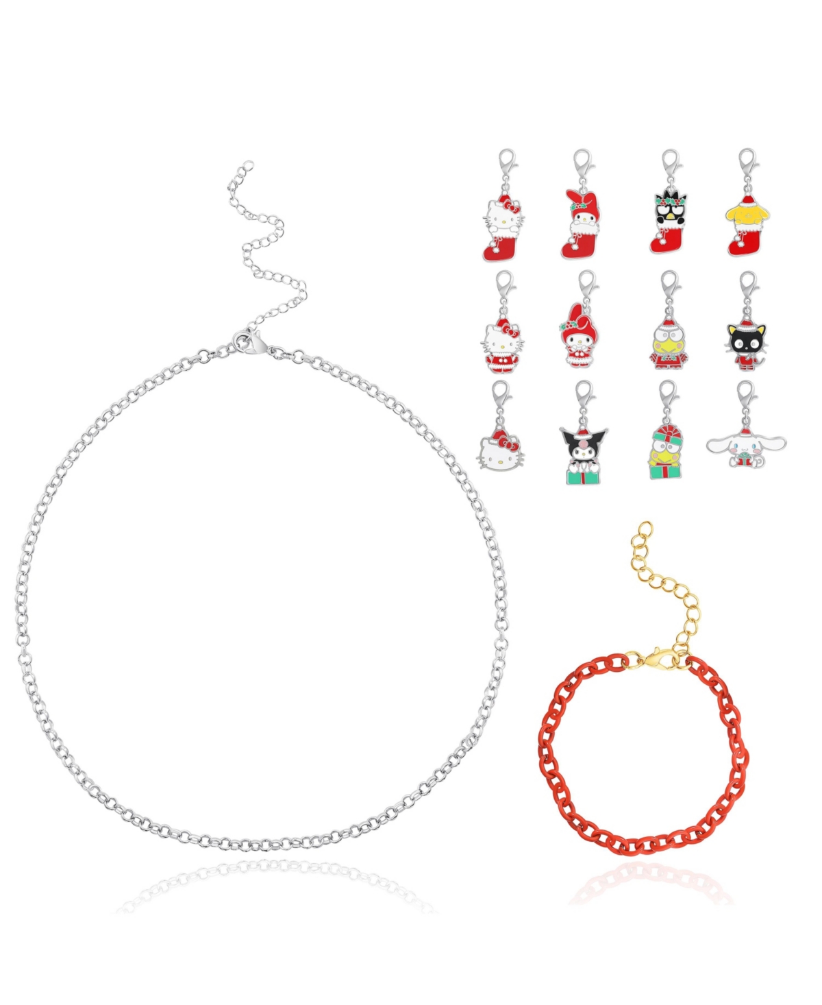 Sanrio Hello Kitty Necklace and Bracelet with 12 Sanrio Charms Customizable Advent Set - Officially Licensed - Red, black, yellow