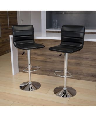 Modern Vinyl Adjustable Height Barstool With Horizontal Stitch Back, Set Of 2