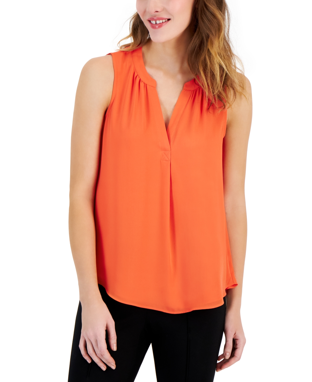 T Tahari Women's Split-neck Sleeveless Top In Dutch Tulip Orange