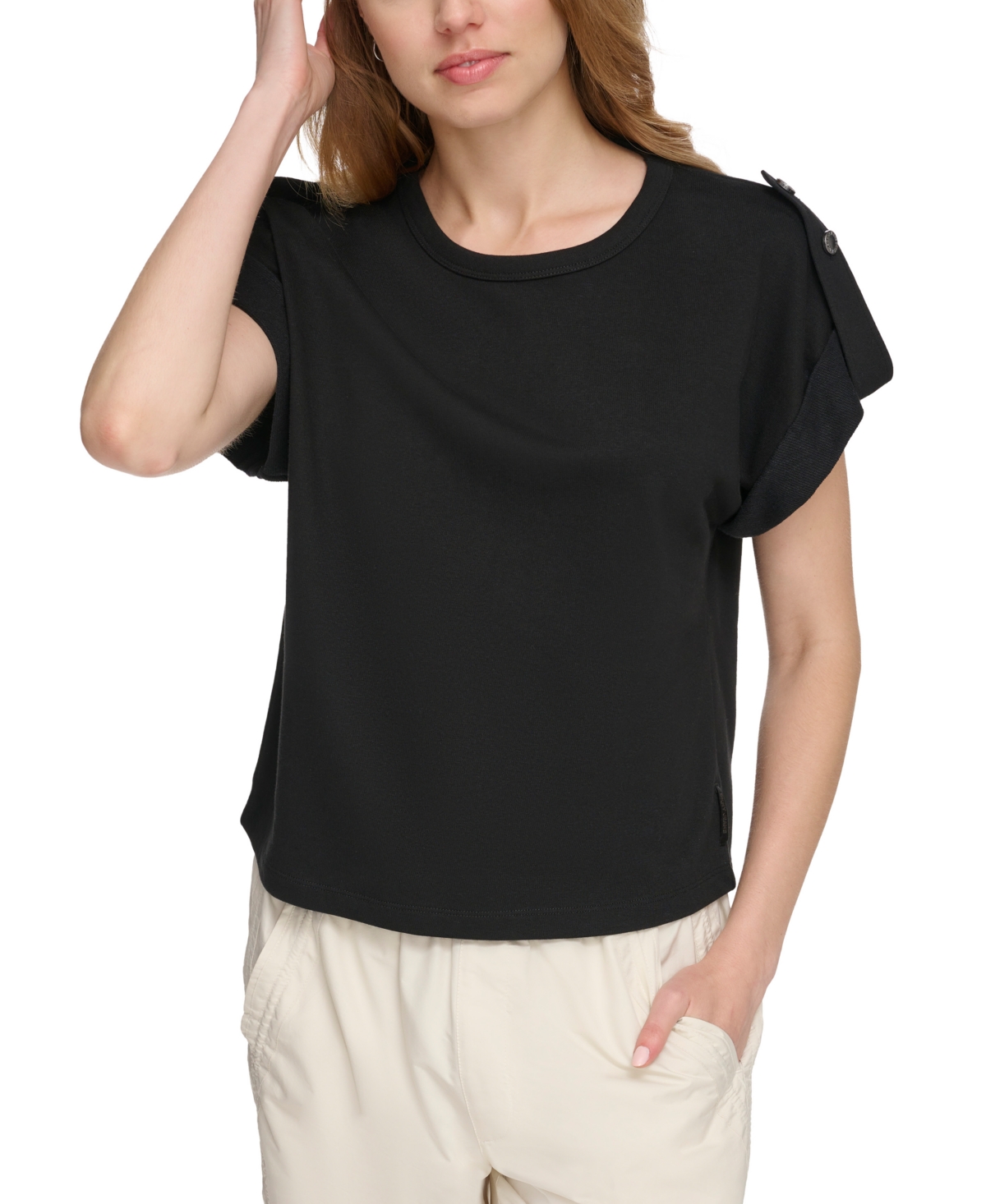 Women's Short-Roll-Sleeve French Terry Top - Blk - Black