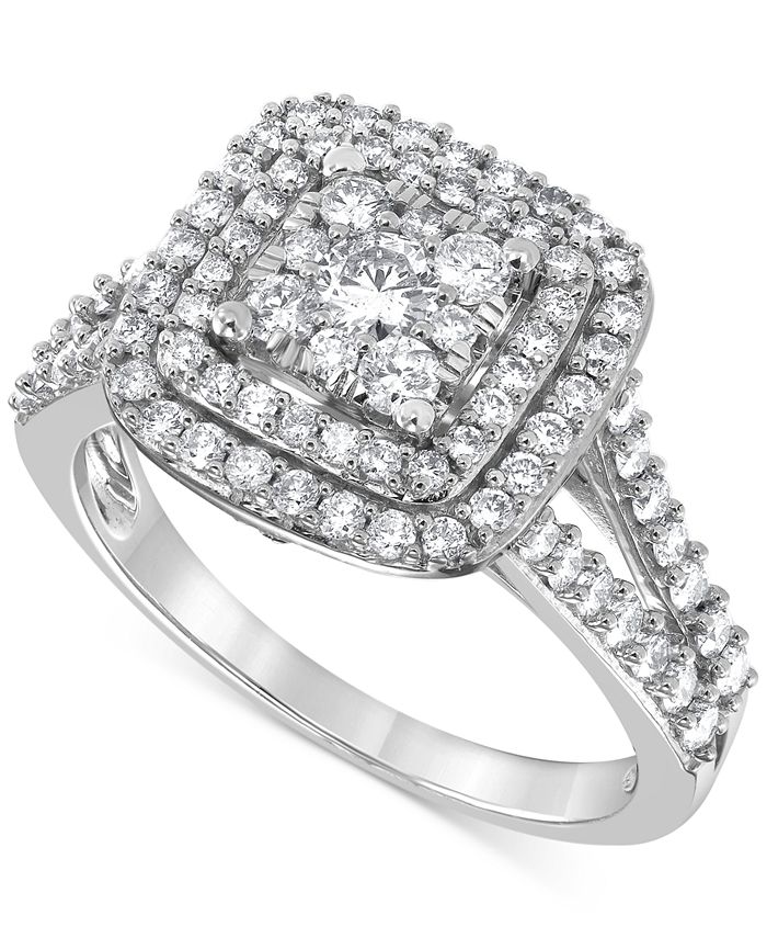 Macy's Diamond Halo Cluster Engagement Ring (1 ct. t.w.) in 14k White ...