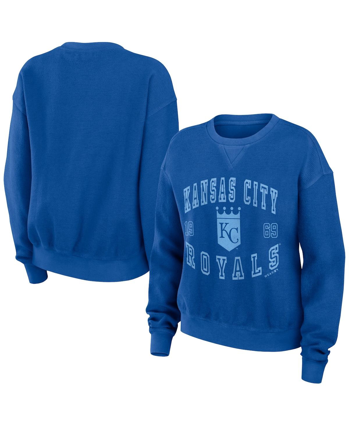 Shop Wear By Erin Andrews Women's  Royal Distressed Kansas City Royals Vintage-like Cord Pullover Sweatshi