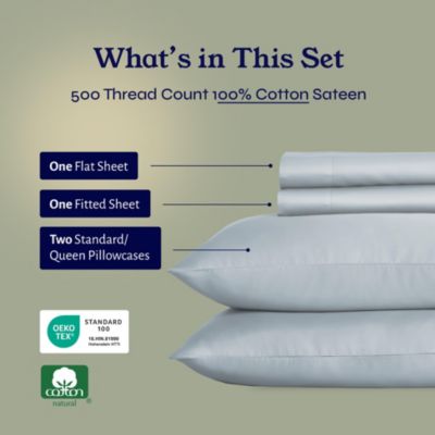 Extra Long Staple 500 Thread Count Cotton Sateen Weave 4 Piece Sheet Set, Queen