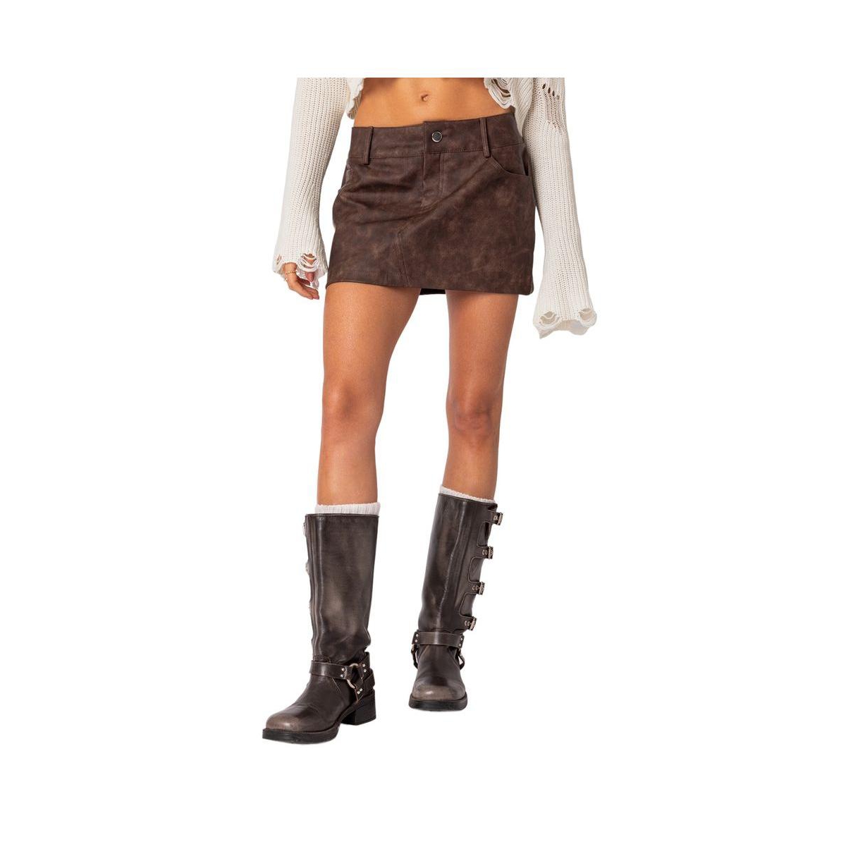 Women's Euphoria washed faux leather mini skirt - Brown-washed