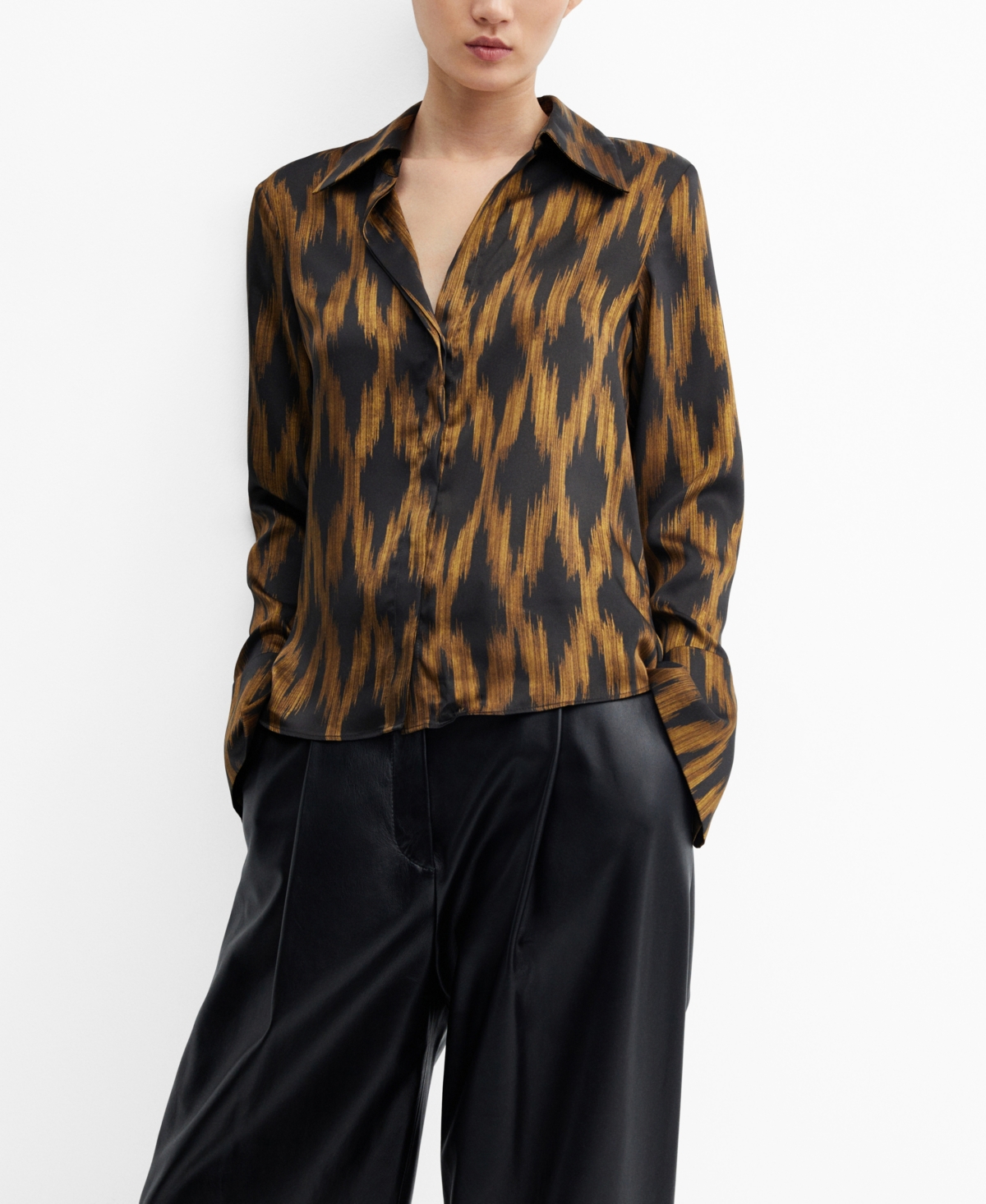 Mango Satin Print Shirt Black In Black