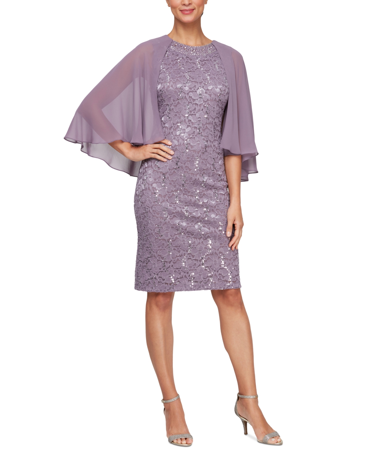 Sl Fashion Women's Sequin-Lace Capelet-Sleeve Dress - Luxe Lilac