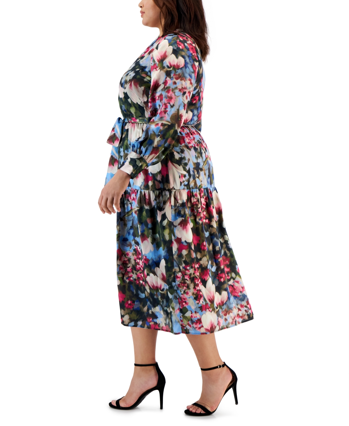 Shop Anne Klein Plus Size Floral-print Tiered Midi Dress In Black Amaranth Multi
