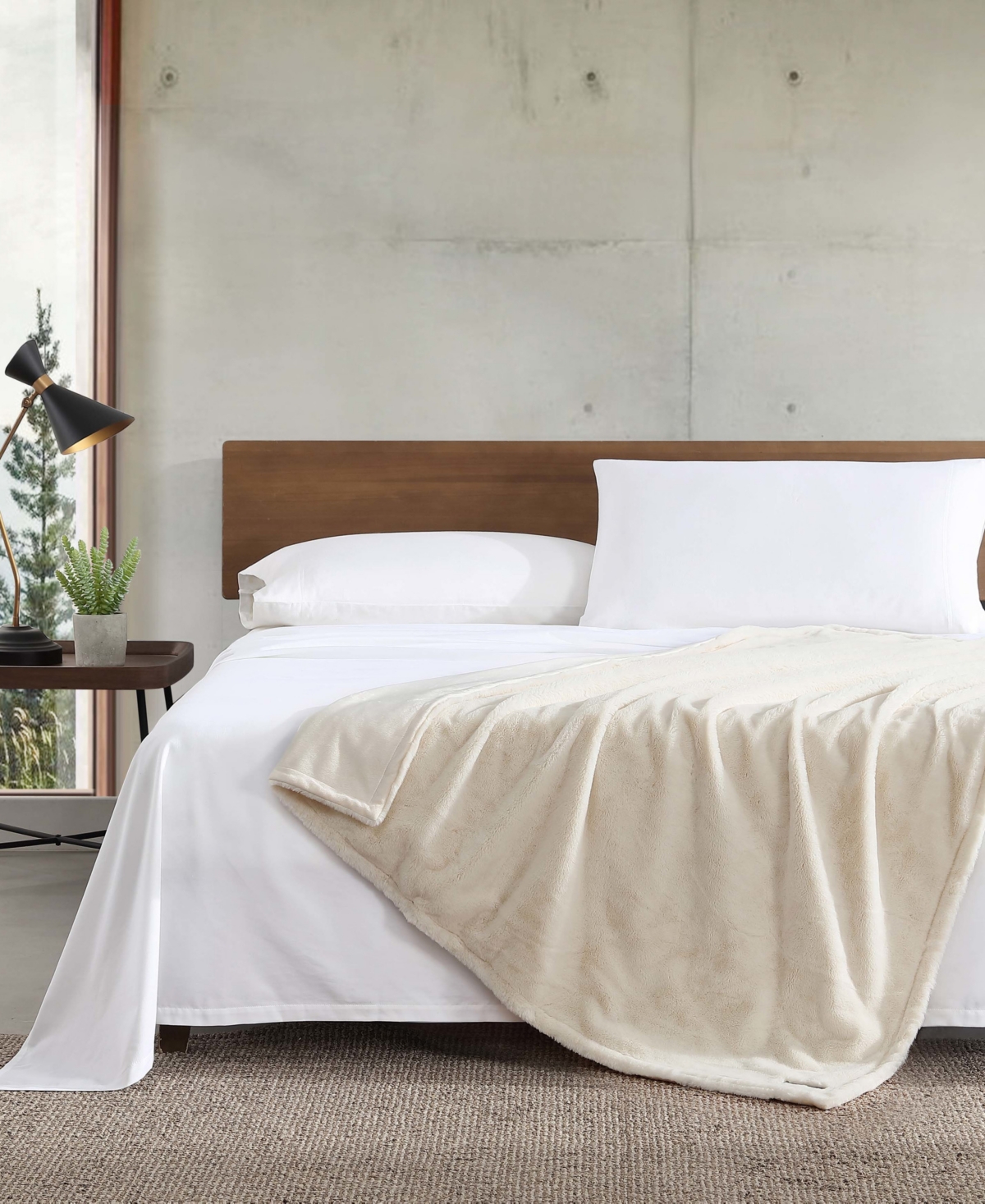 Eddie Bauer Solid Natural Faux Fur Reversible Throw, 60" X 50"