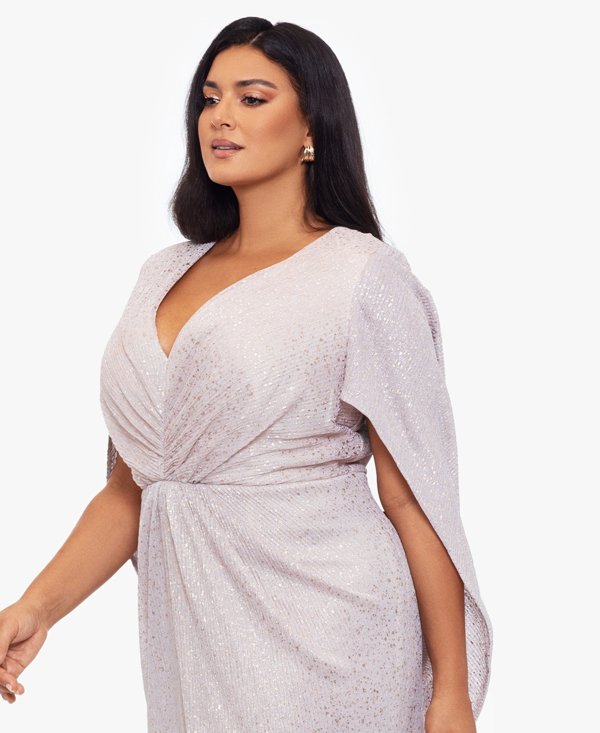 Betsy Adam Plus Size Metallic Ruched Front Cape Dress Rose Smart Closet