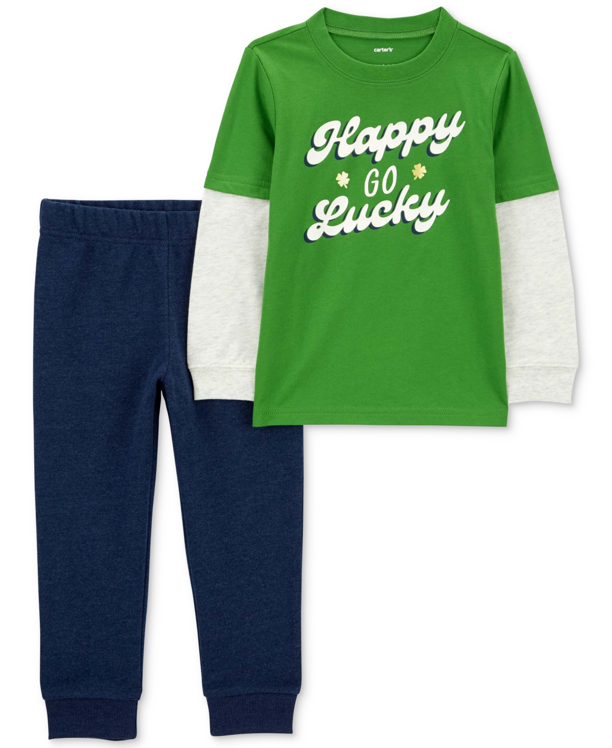 Carter's Babies' Toddler Boys 2-pc. Happy Go Lucky Printed Layered-look Long-sleeve T-shirt & Solid Joggers Set In Green