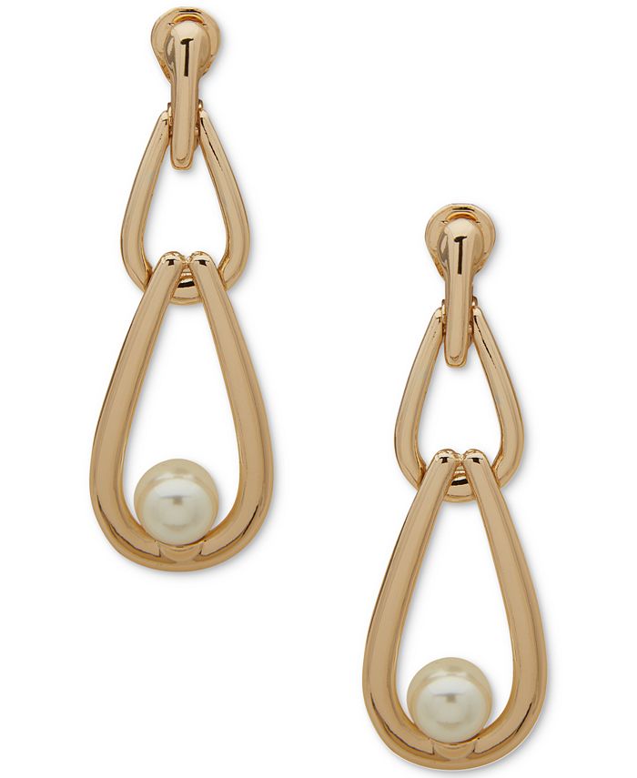 Anne Klein Gold-Tone Link & Imitation Pearl Clip-On Linear Drop ...