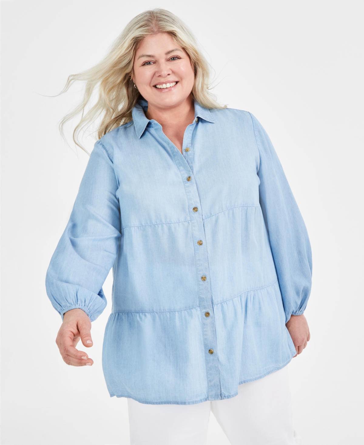 Shop Style & Co Plus Size Long-sleeve Tiered Tunic Shirt, Created For Macy's In Emma Wash