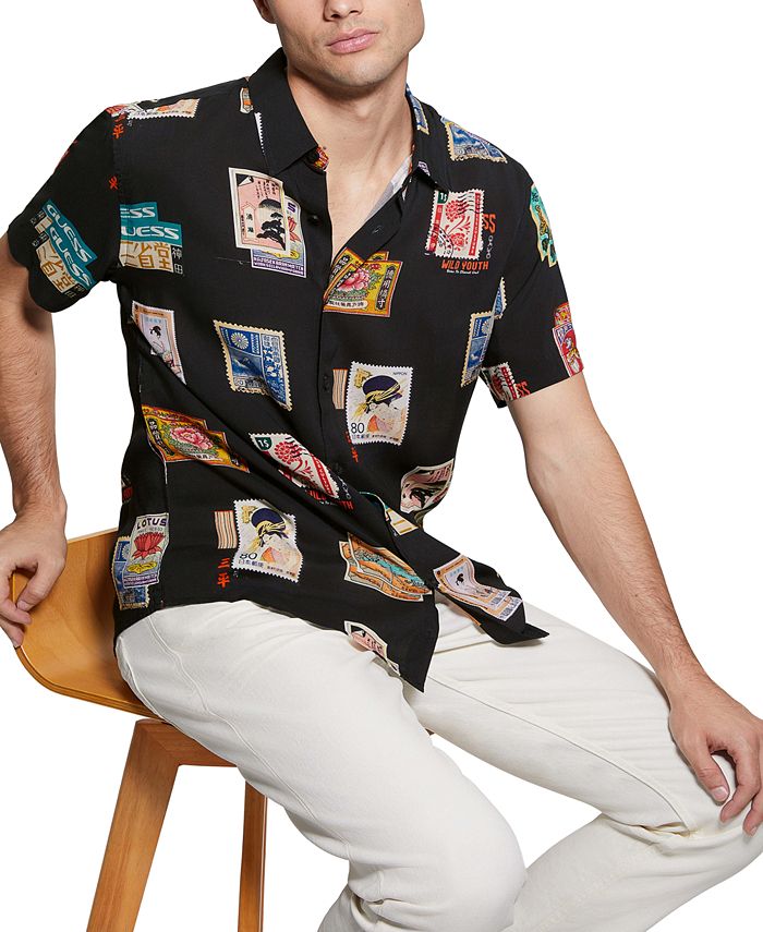 GUESS Men's Rayon Post Card Short Sleeve Shirt - Macy's