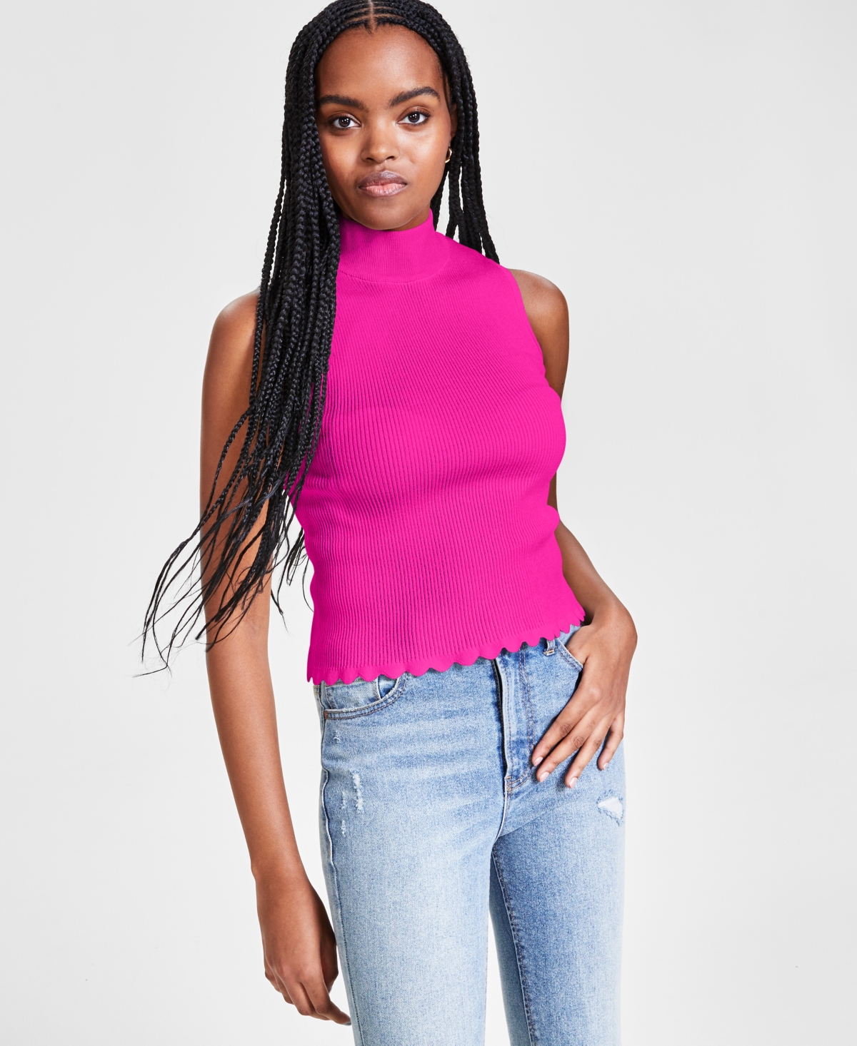 Bar Iii Women's Mock-neck Scalloped-hem Ribbed Top, Created For Macy's In Jazz Berry