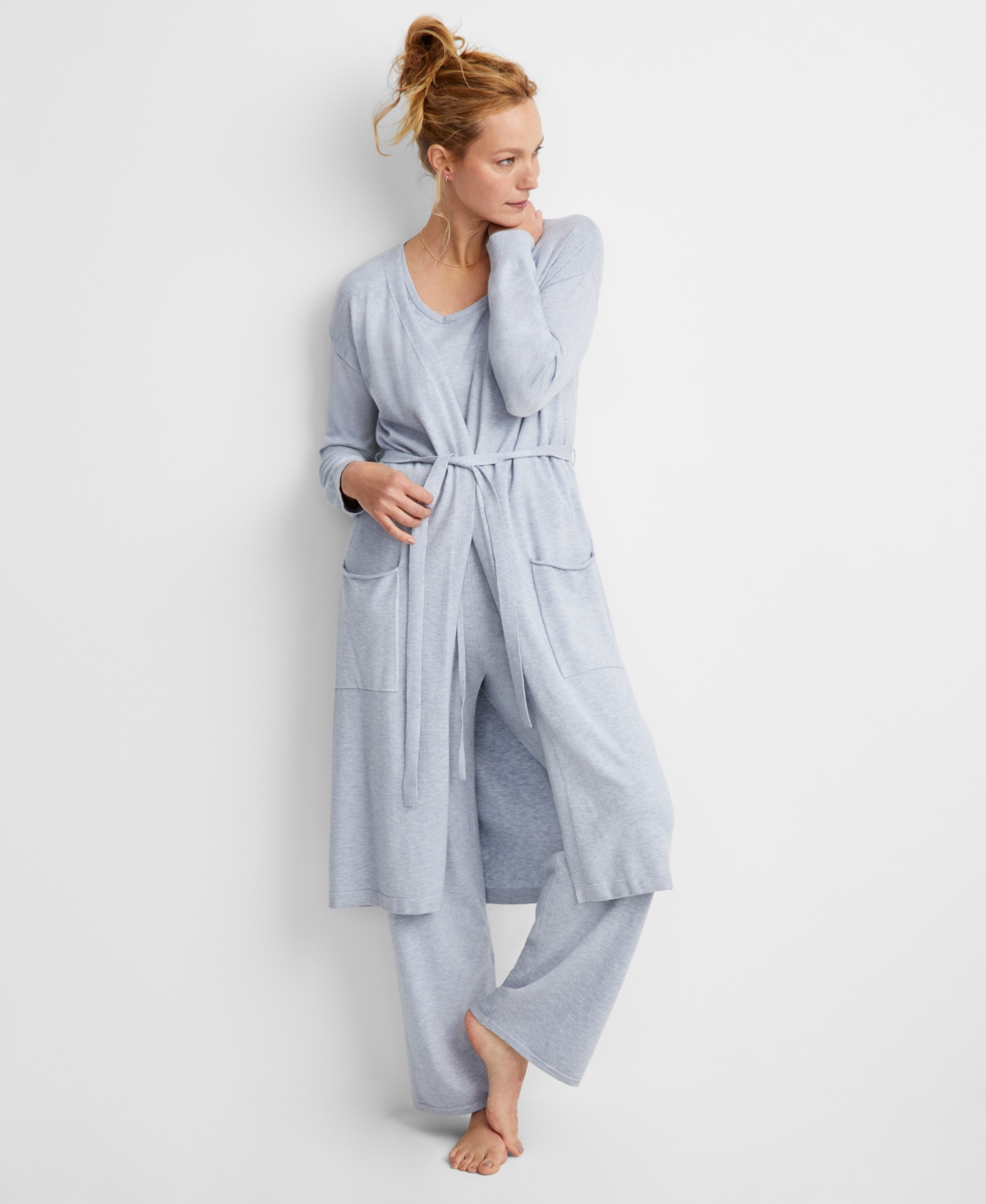 State Of Day Women's Long Sweater Knit Layering Robe, Created For Macy's In Sleep Grey Heather