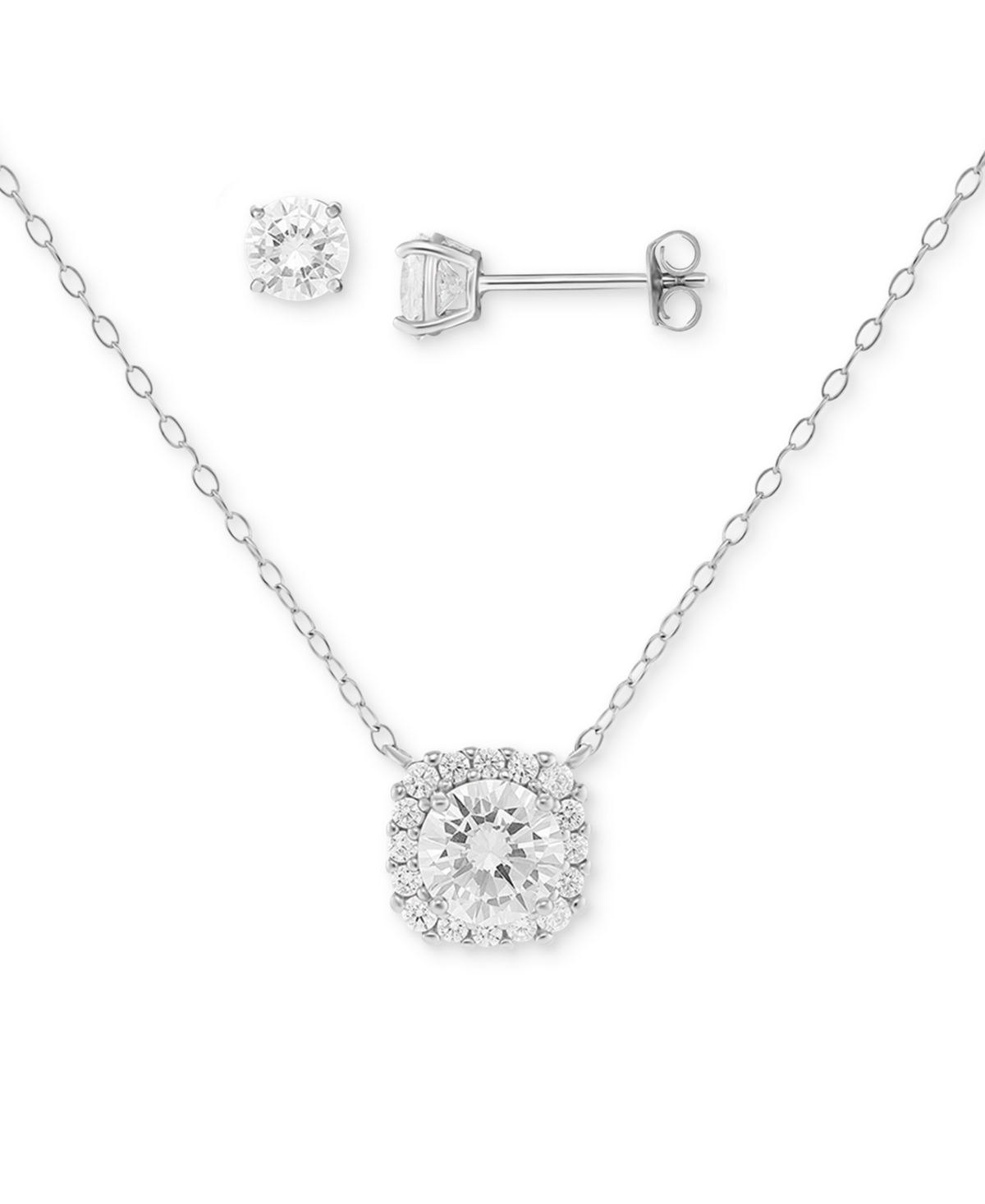 2-Pc. Set Cubic Zirconia Halo Pendant Necklace & Solitaire Stud Earrings in Sterling Silver, Created for Macy's - Sterling Silver