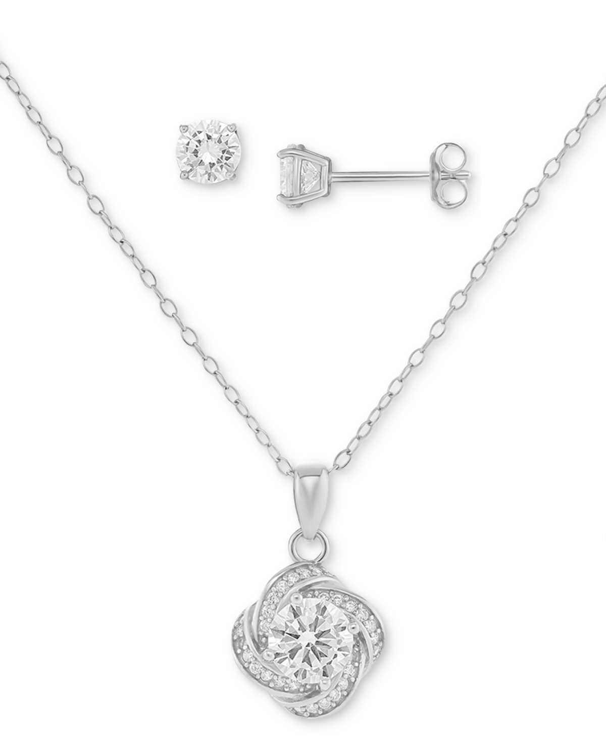 2-Pc. Set Cubic Zirconia Love Knot Pendant Necklace & Solitaire Stud Earrings in Sterling Silver, Created for Macy's - Sterling Silver