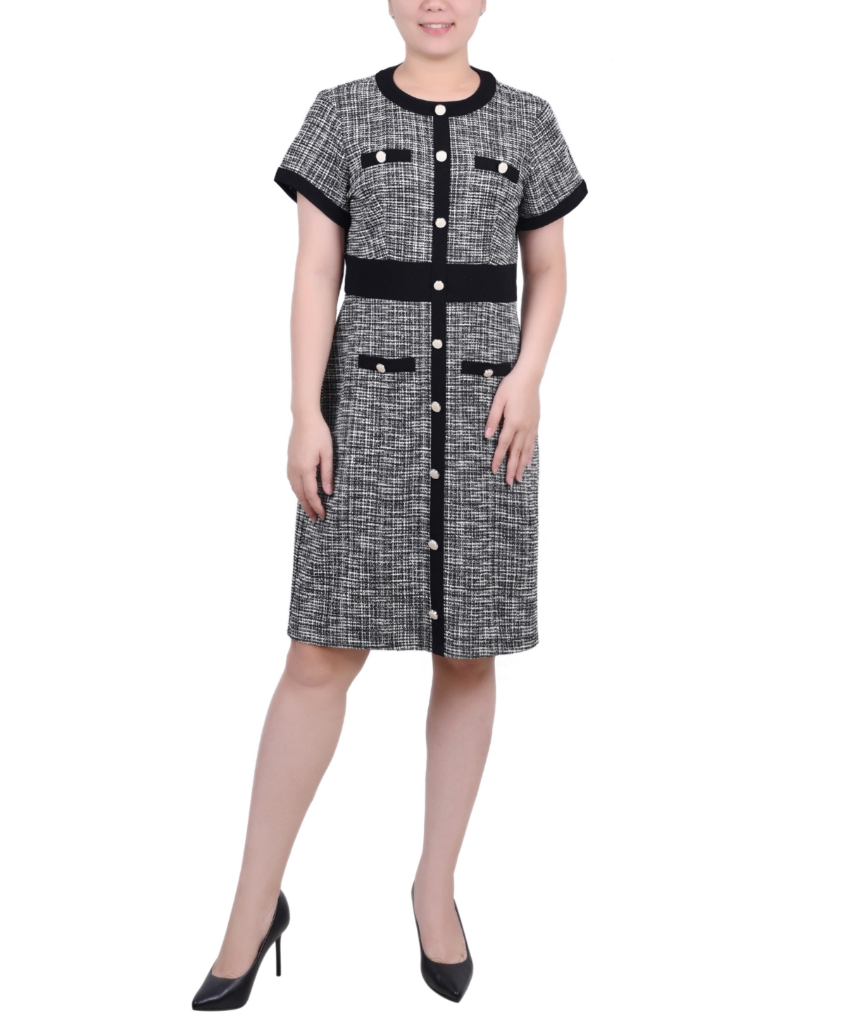 NY COLLECTION PETITE SHORT SLEEVE TWEED DRESS