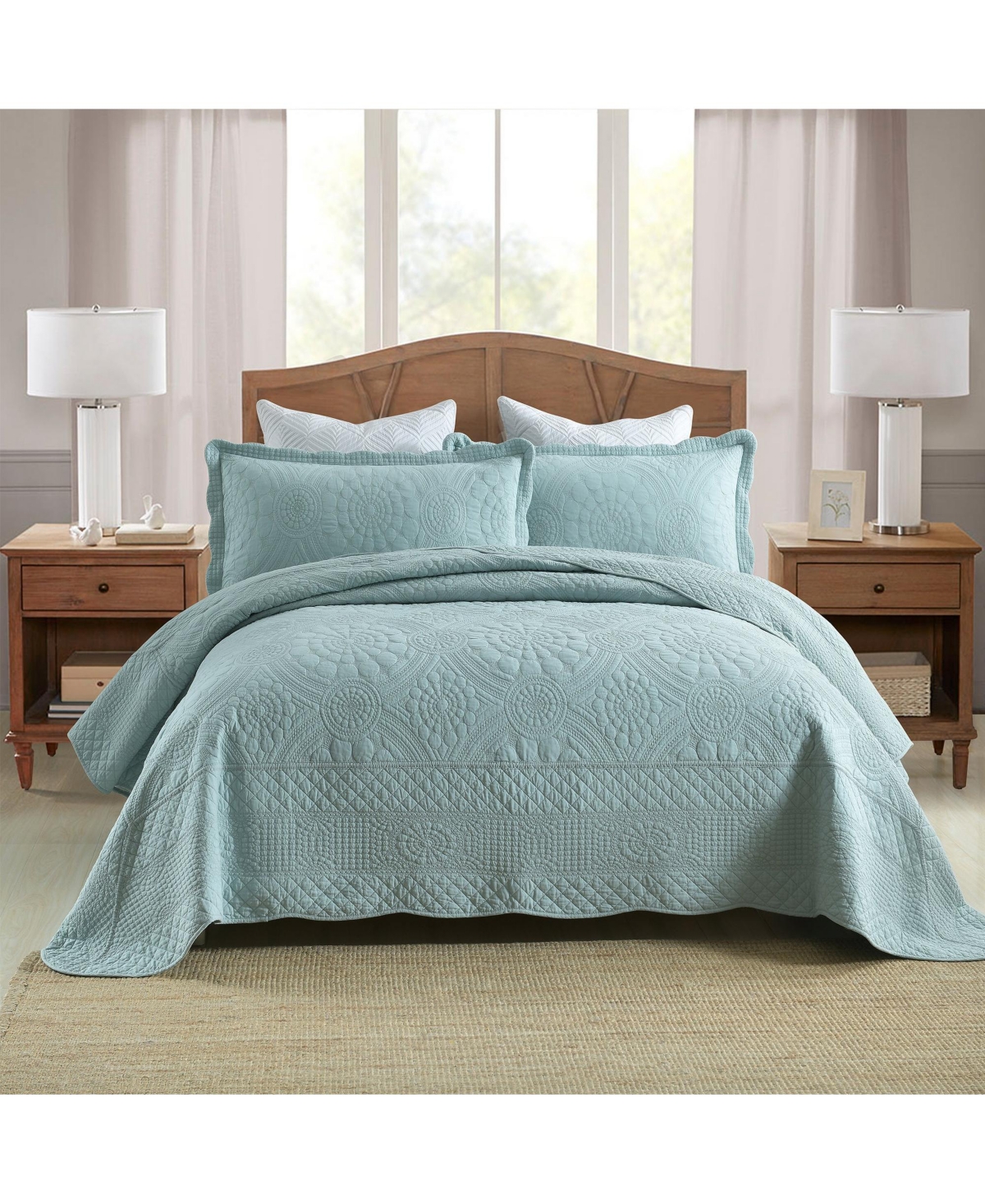 MarCielo 3 Pcs 100% Cotton Oversized Bedspread Quilt Set Embroidery Tf-Queen