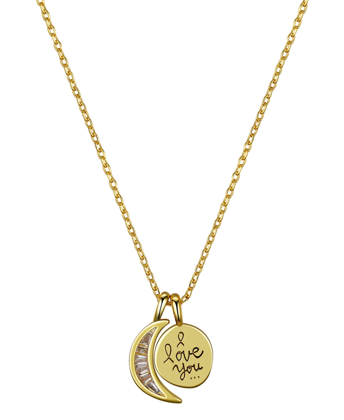 Cubic Zirconia Moon and 14K Gold Flash Plated I Love You Pendant Necklace - Gold