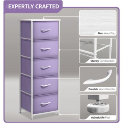 5-Pc Steel Frame Dresser with Wood Top & Fabric Bins – Narrow Storage Nightstand for Home & Office