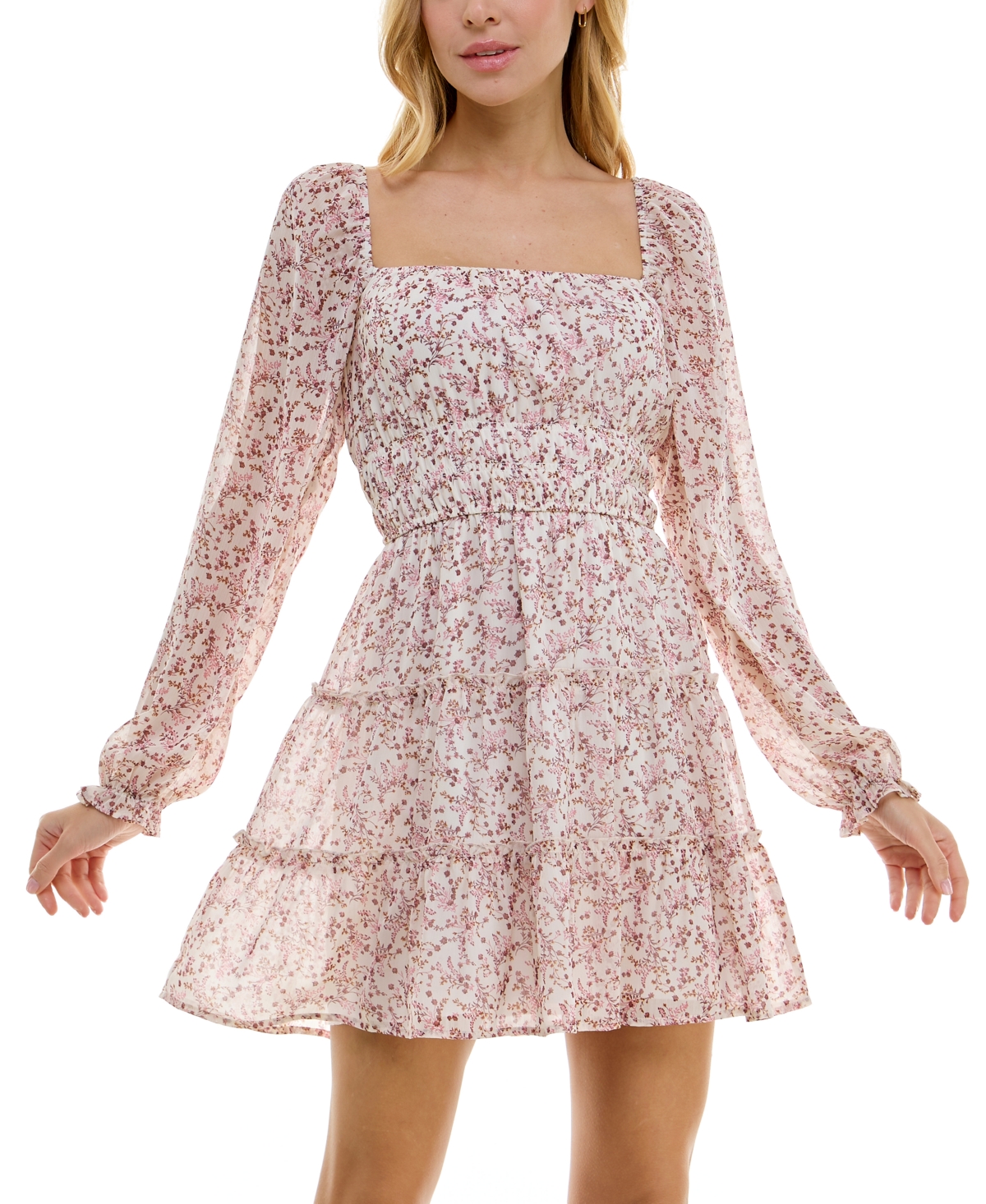 Trixxi Juniors' Emma Printed Long-sleeve Dress In Pink,ivory