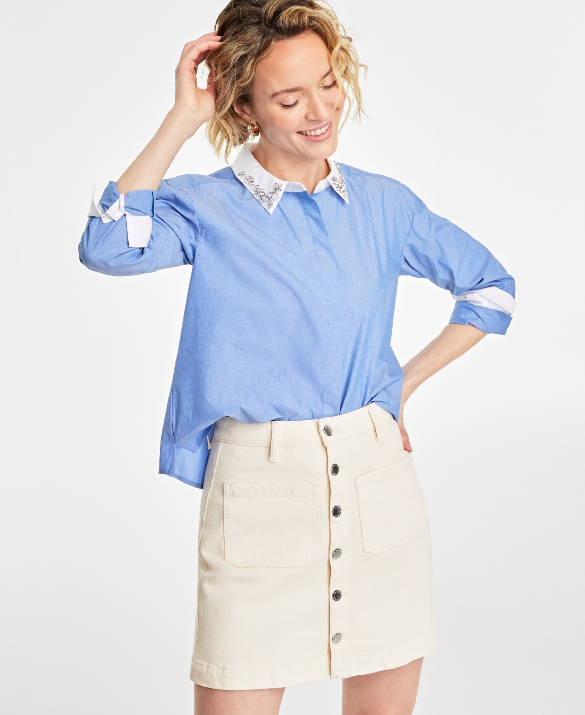 On 34th Women's Embellished Delicate-stripe Shirt, Created For Macy's In Regatta Combo