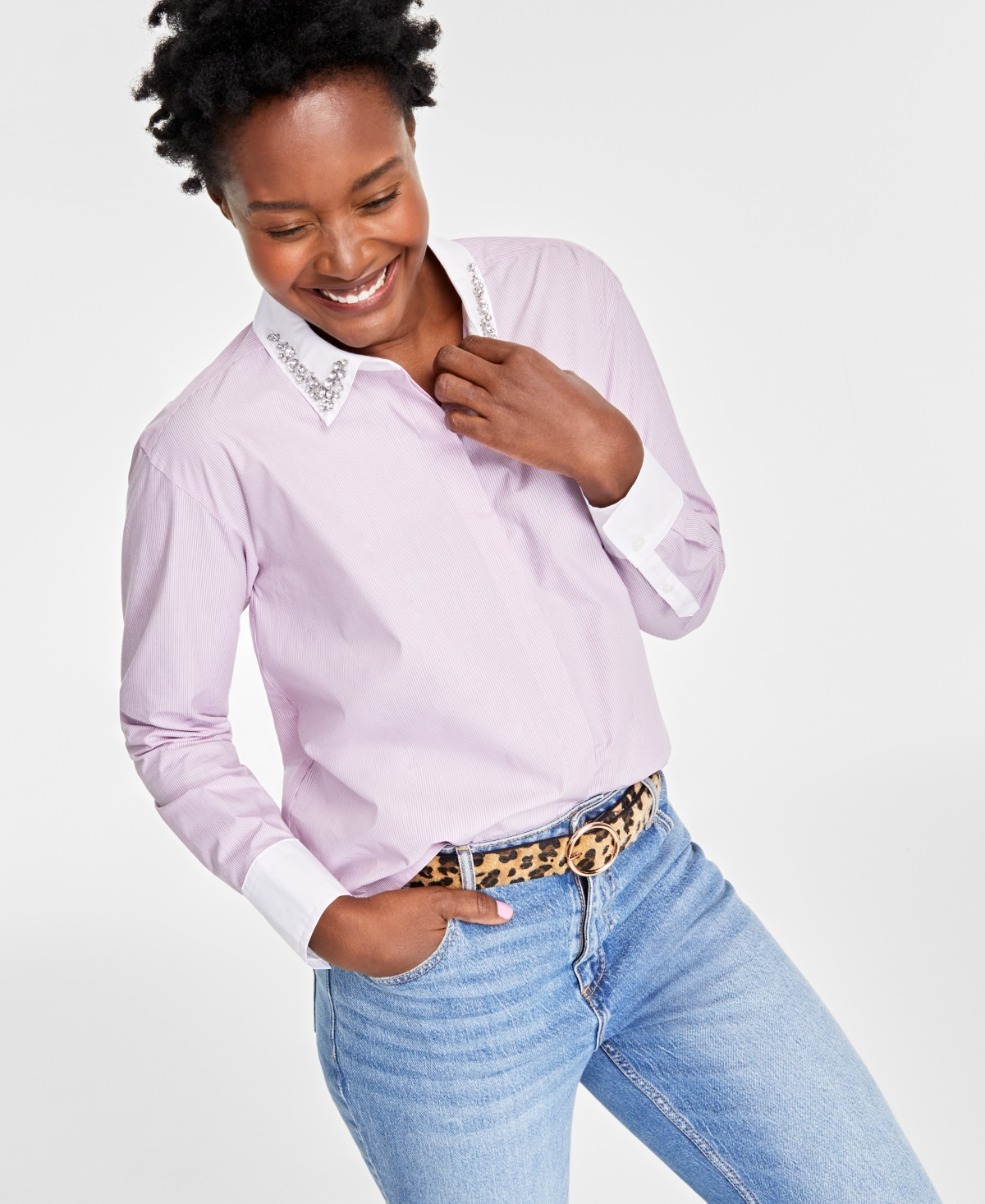 On 34th Women's Embellished Delicate-stripe Shirt, Created For Macy's In Bonbon Combo