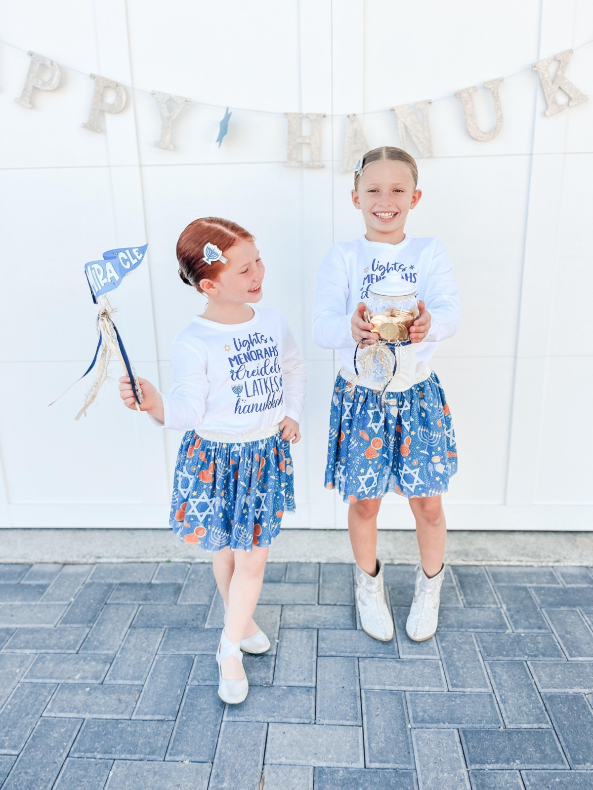 Sweet Wink Toddler Hanukkah Fun Printed T-Shirt with Long Sleeves, White Girls
