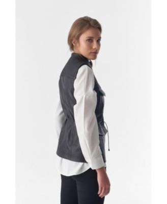 Women's Stitch Drawstring Sleeveless Jacket, Waistcoat, Black