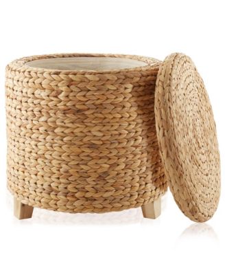 Handwoven Footstool 17" Round Storage Ottoman with Lid