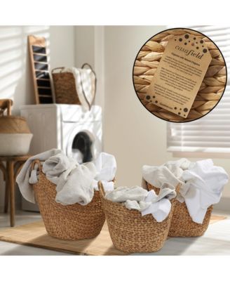 Set of 3 Boat Baskets with Handles - Natural, Woven Water Hyacinth Storage Organizers for Blankets, Laundry, Bathroom, Bedroom, Living Room