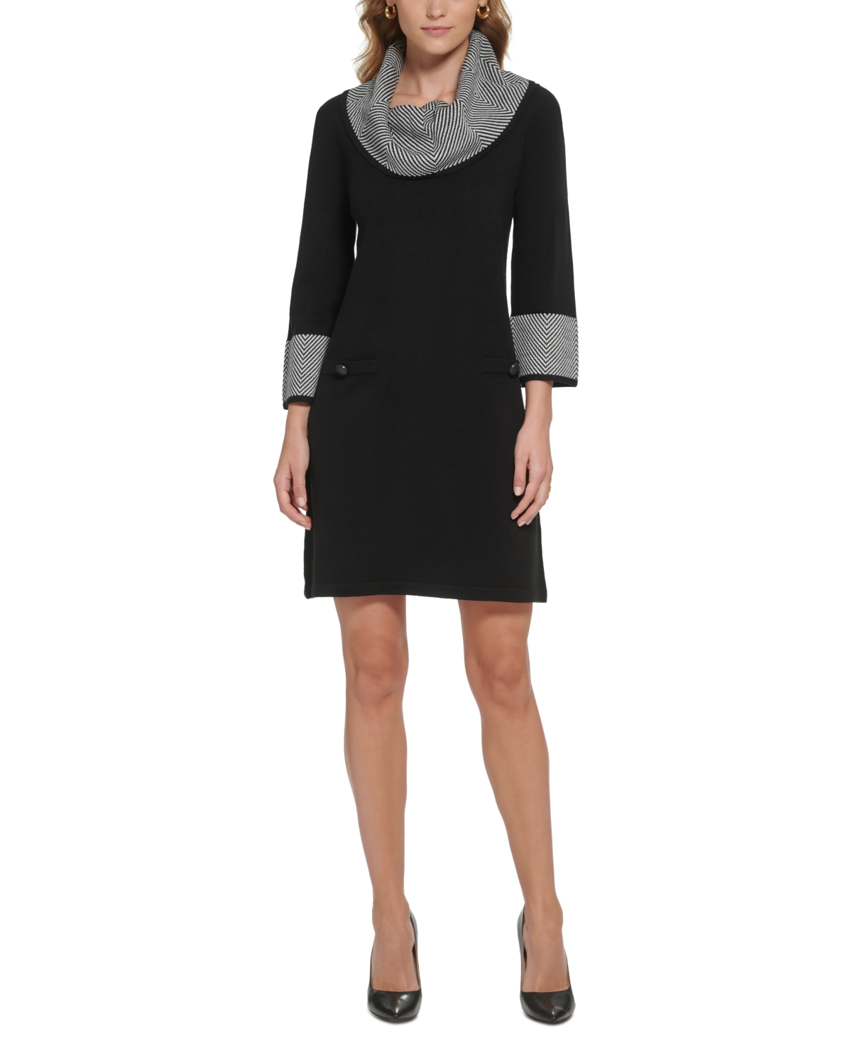 Jessica Howard Women's Contrast-trim Cowlneck Sweater Dress In Black Ivory